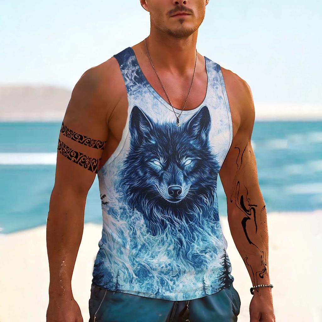 Modische Herren-Tanktops mit Wolfsmuster, Sommer, Atmungsaktiv, Streetwear, Sportweste, Ärmellos, Tier-Mann-Kleidung