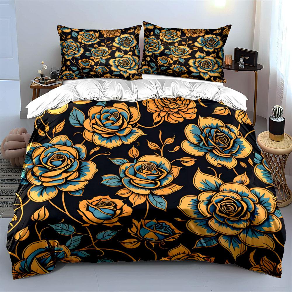 Golden Blooms In Twilight Bedding Sets Duvet Covers Pillowcases(1* Duvet Cover 2* Pillowcases Without Duvet Insert)