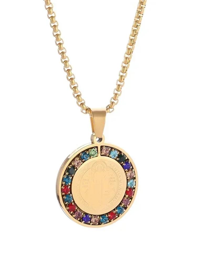 Stainless Steel Colored Zircon Saint Benedict Cross Medal Pendant Necklace Women's Fashion Lucky Amulet Jewelry