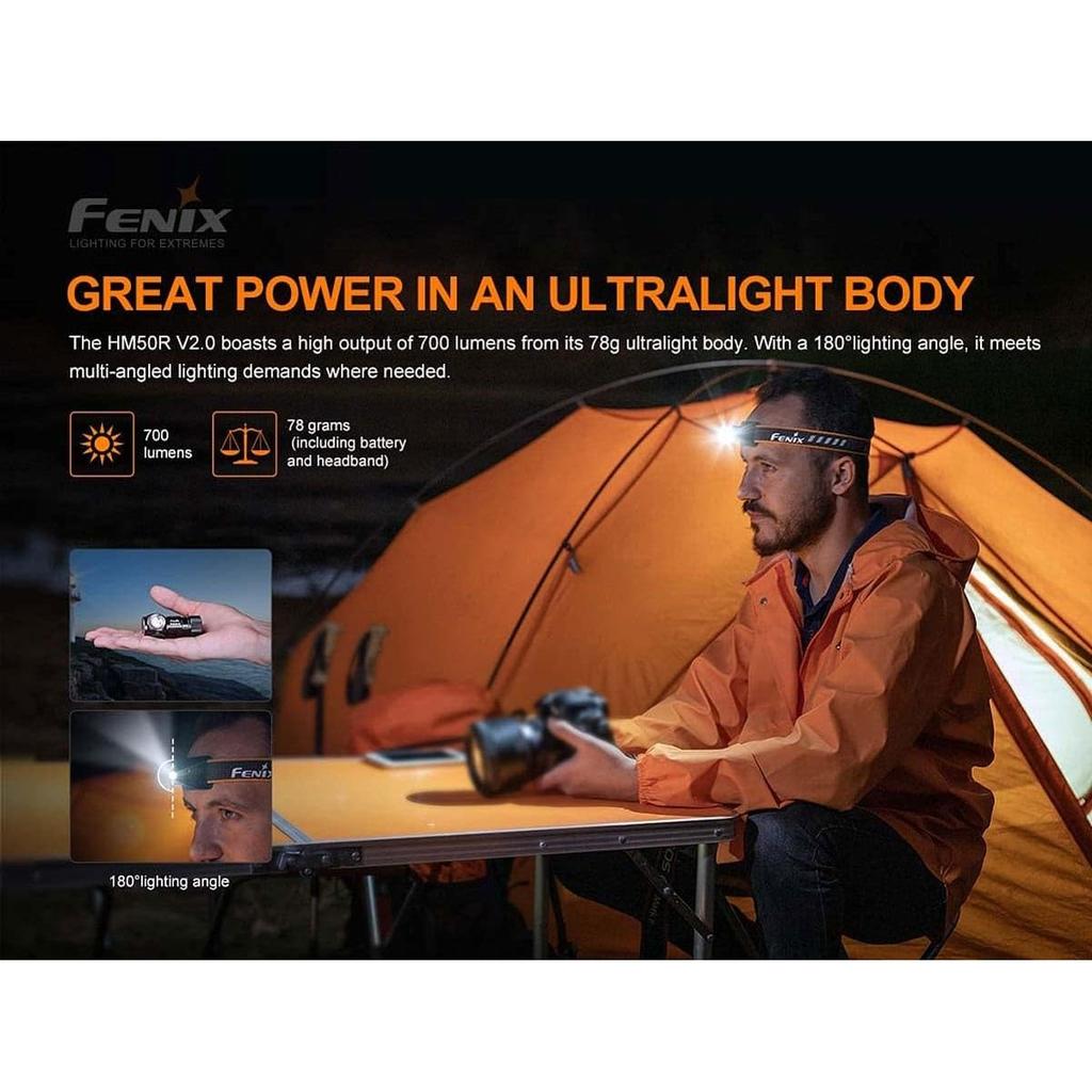 Fenix HM50R Max 700 Aluminum IP68 Compact and for Working In Outdoor and Trail Running V2.0 Headlamp, Lumens, USB-C Rechargeable, Construction,