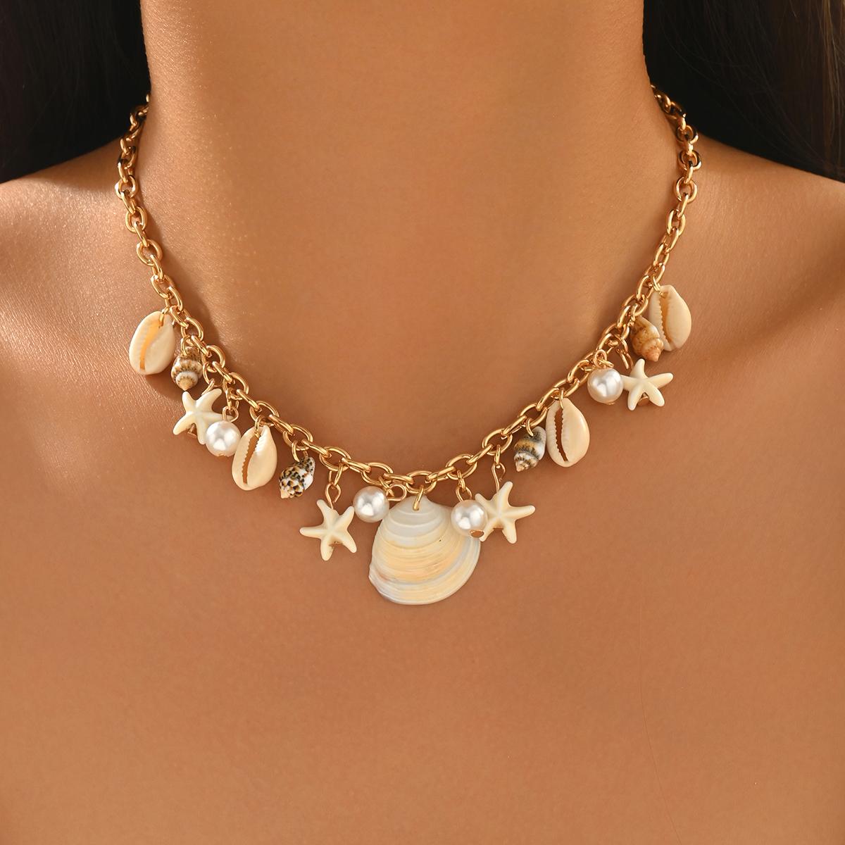 Women s Dainty Gold Choker Necklace Shell Cowrie Starfish Imitate Pearl Pendant Boho Summer Beach Vacation Daily Jewelry 39cm