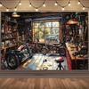 2D Printed Motorcycle Garage Backdrop Retro Workshop with Tools Background Cloth