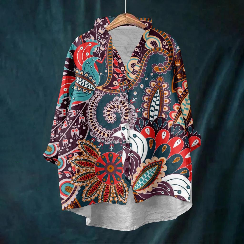 Dámský volný top s volánky, květinovým potiskem, stojáčkem a dlouhým rukávem z bavlny a lnu