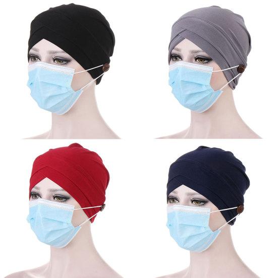 Women Solid Color Front Cross Beanie Bonnet Breathable Hat Cap with Button