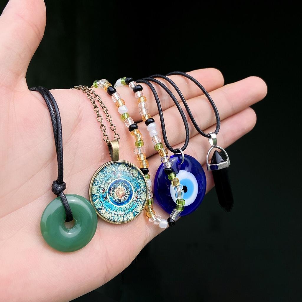 5 Stück Ethnischer Friedensschnallen Blauer Türkischer Glücksaugen Anhänger Choker Halskette für Frauen Vintage Stein Leder Wachsfaden Kette Schmuck