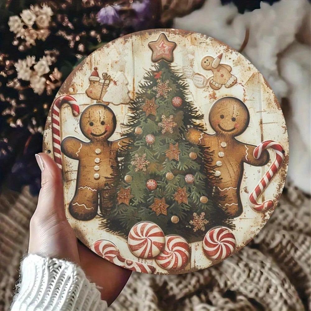 Vintage Gingerbread Man and Tree Aluminum Metal Sign Wall Art for Home Restaurant Garage Festive Decor