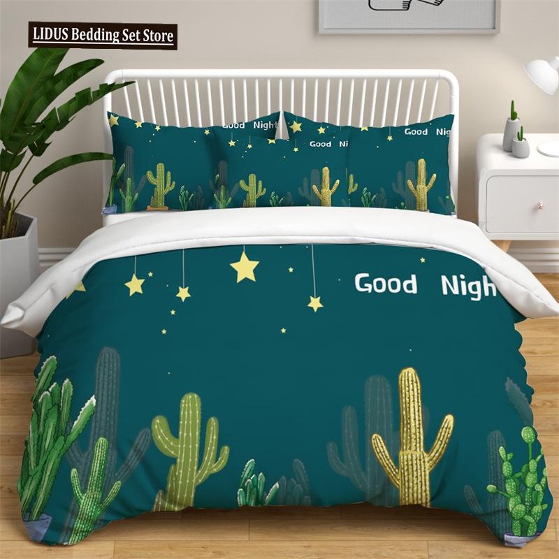 Green Cactus Potted Duvet Cover Set King Size Polyester Comforter Cover Cartoon Green Plant Cute Kawaii For Kid Boy Bedding Set