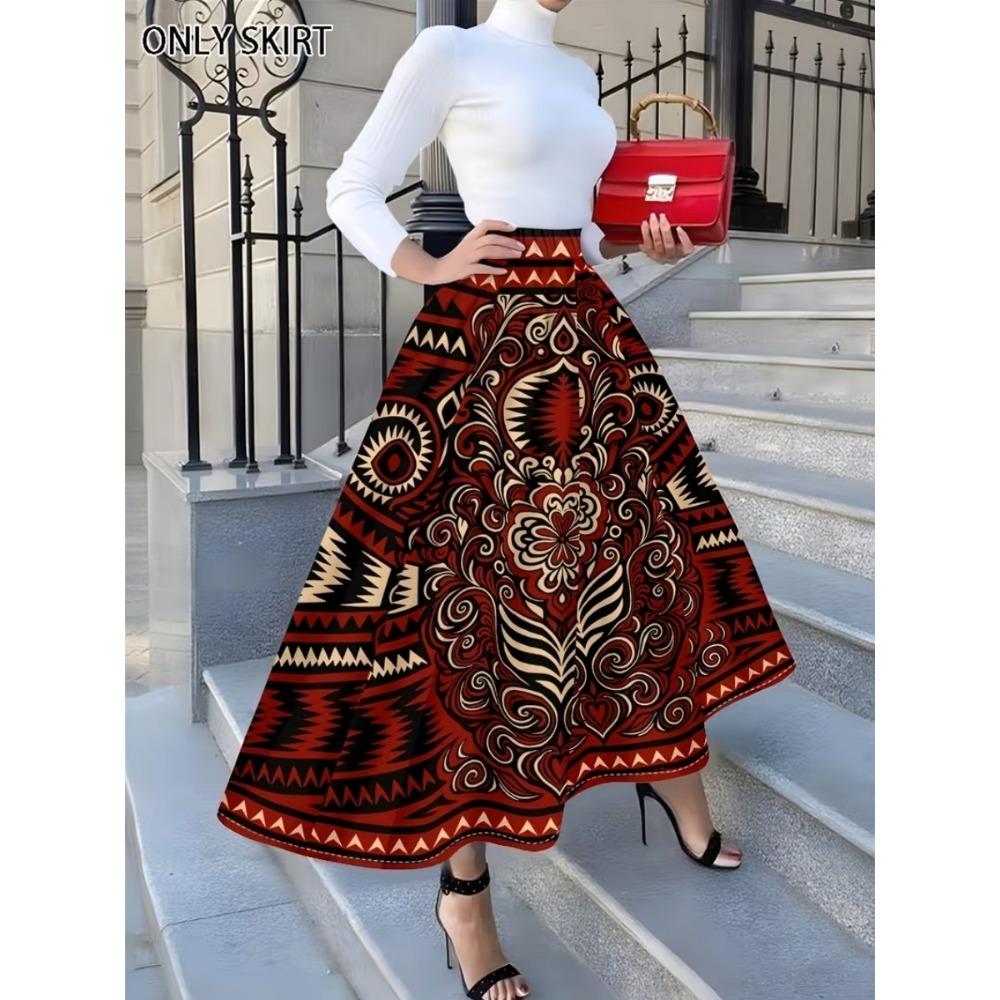 Vacation Style Green and White Abstract Print Midi Skirt for Women Summer Casual High Waist A Line Skirt Trendy Fashion Skirt