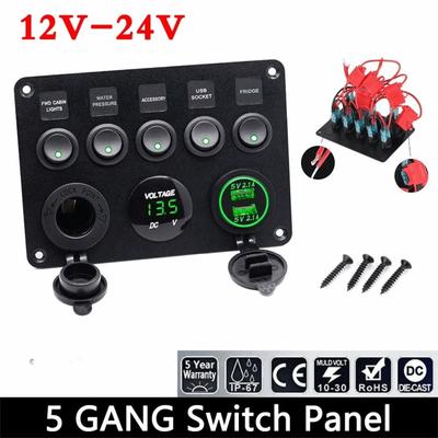 12V/24V 5 Gang Switch Panel Dual USB Socket ON-OFF Toggle For Car LED Voltmeter Power Outlet  Boat