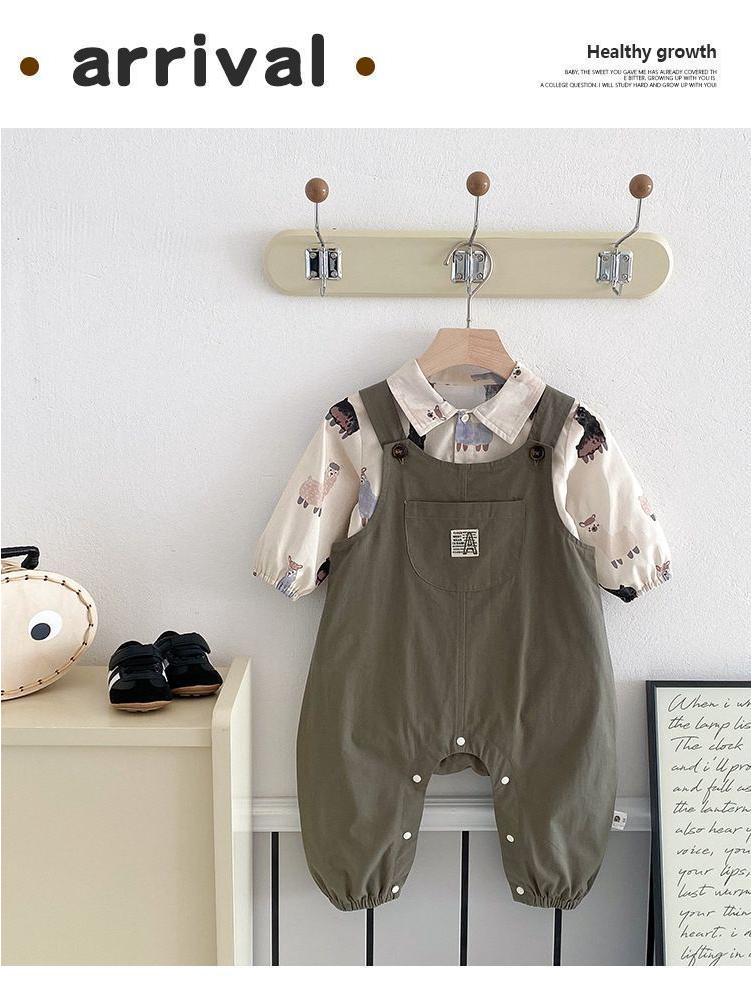 Boys' Autumn 2025 Korean Style Cartoon Shirt & Overalls Set - Fashionable Spring Outfit for Babies