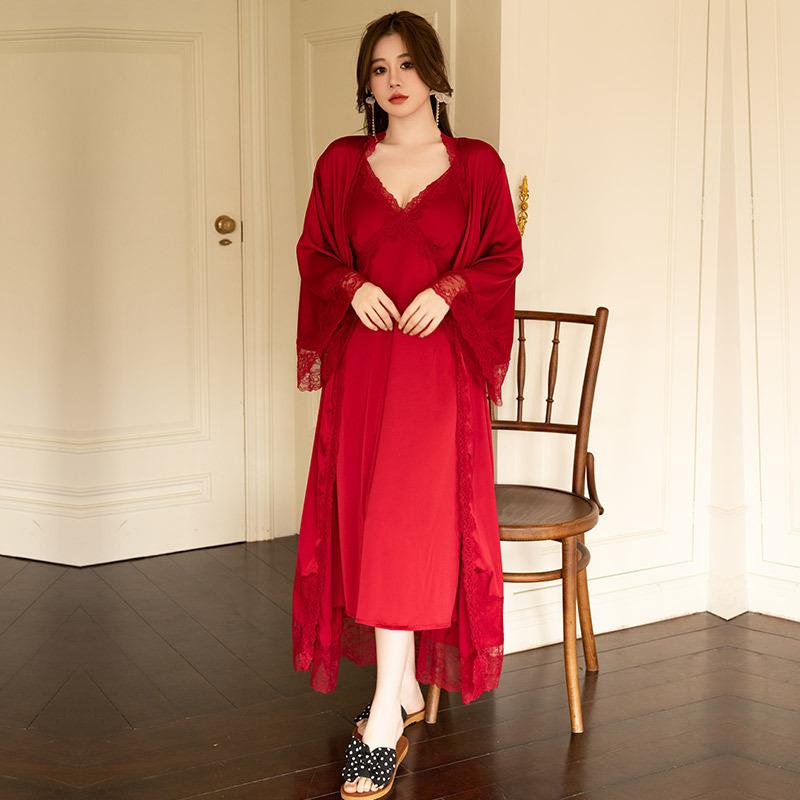 Sexy Pajamas Women's Ice Silk Thin with Chest Pad Long Over Knee Two-piece Set Lace Court Style New Loungewear
