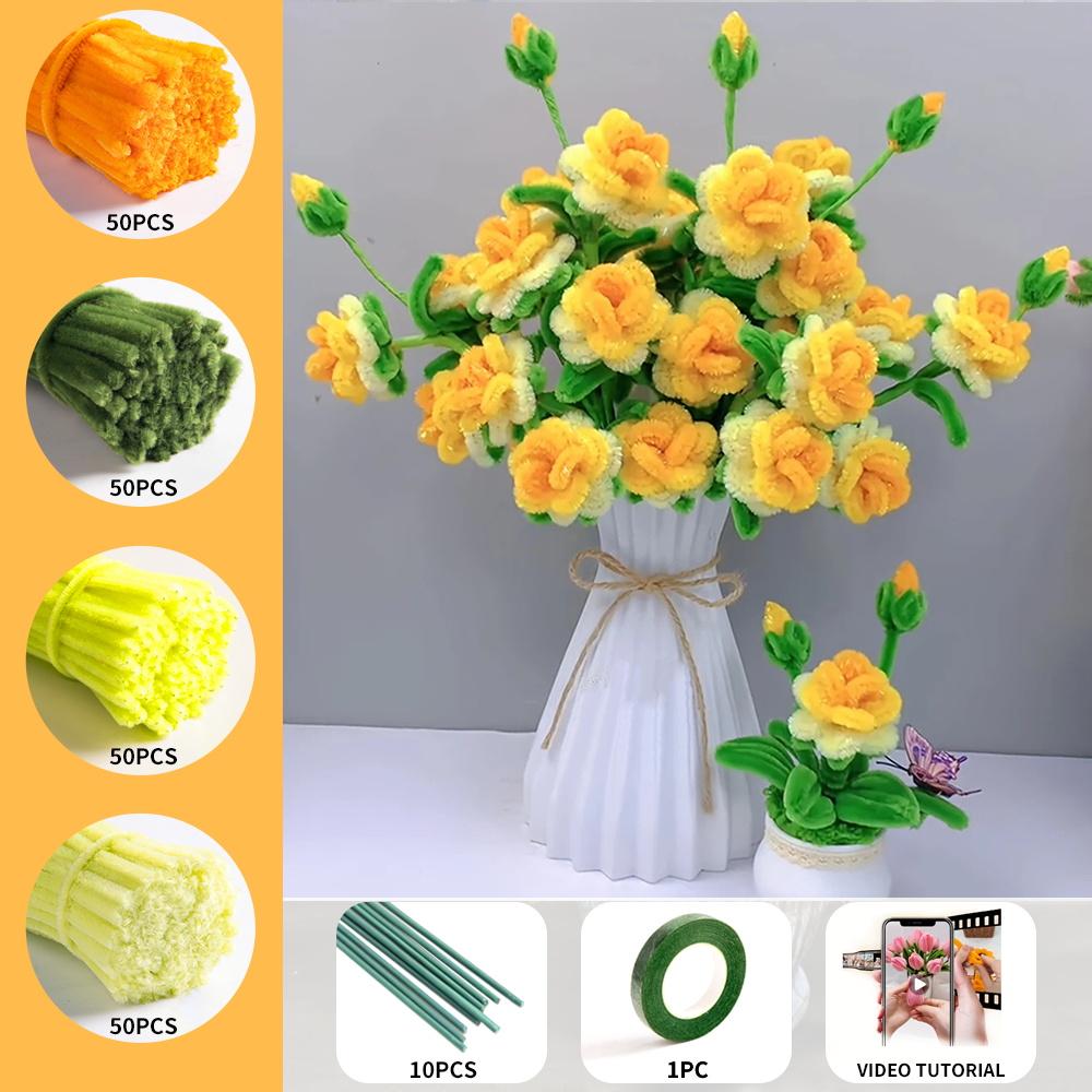 211 Mehrköpfiges Rosen-Pfeifenreinigerset, bestehend aus 200 Pfeifenreinigern, 10 Blumendrahtstielen, 1 Rolle Klebeband, verbessertes DIY-Bastelset