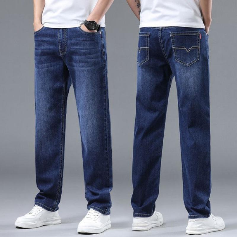 JYL Thin Jeans Men's Width Straight Elastic Trousers for Daily Use