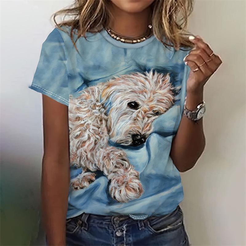 Tägliches Rundhals-Sommer-Damen-T-Shirt mit kurzen Ärmeln, 3D-Druck, kleiner Hund, lässiges T-Shirt