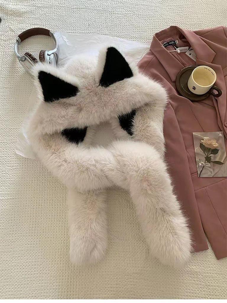 Thick Fleece Fox Ears Hat for Women Winter Scarf Set New Warm Face-lifting Red Army Cap