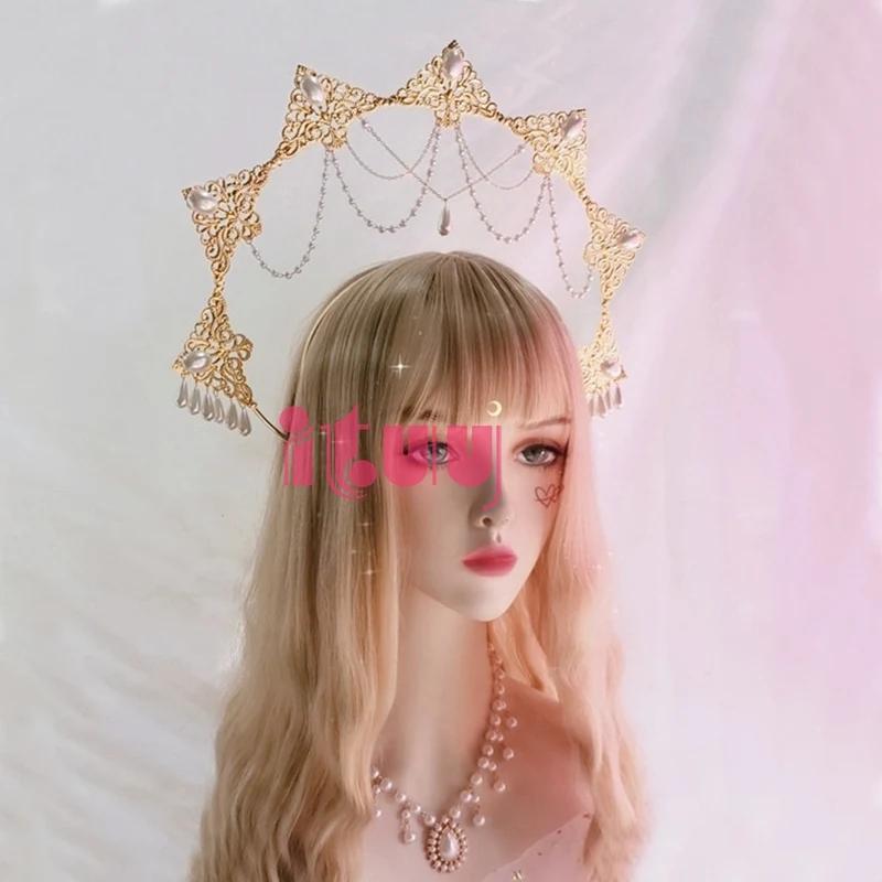Crown Halo Headband Goddess Spiked Pearl Sun Pendant Halo Headpiece Cosplay Bridal Party Baroque Tiara Headwear Accessories