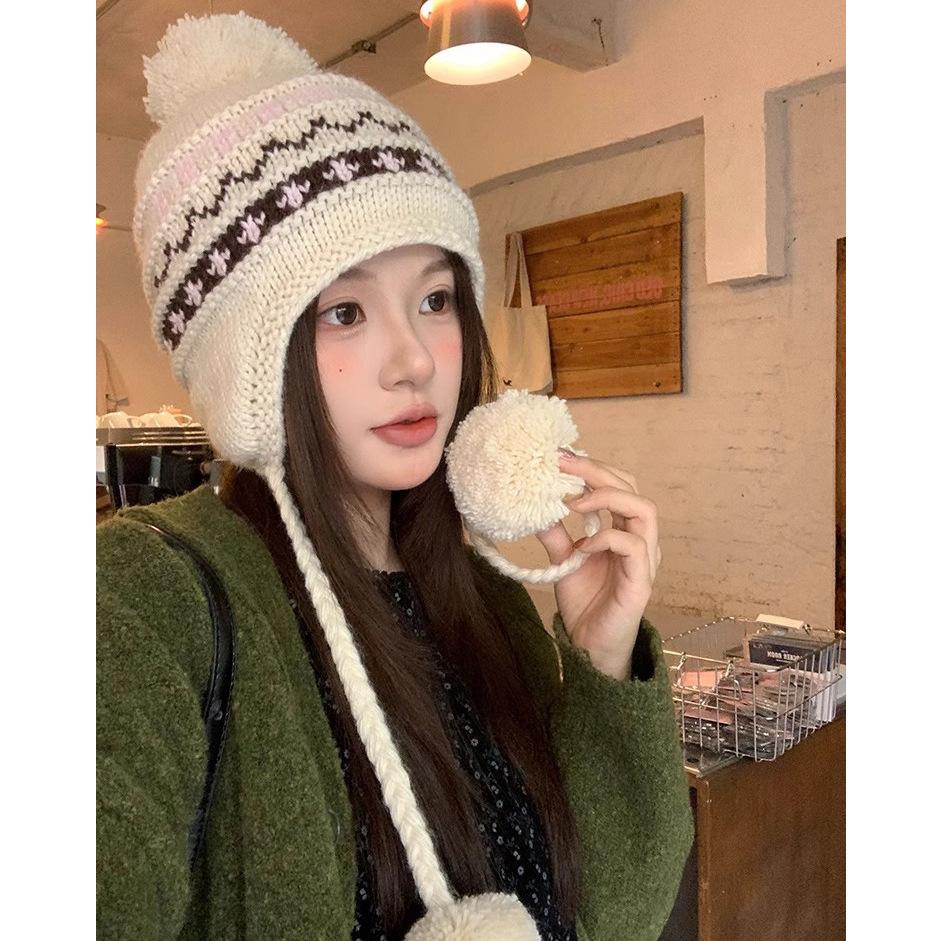 Retro Hairball Knitted Wool Hat for Children, Thickened In Autumn and Winter, Cold-proof and Warm Ear Protection, Lei Feng Hat Shows a Small Tide