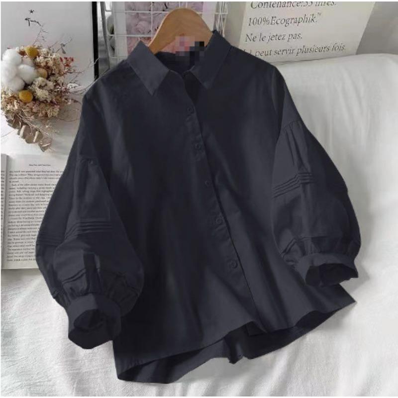 

Весна Лето Фонарики Рукава Женская Рубашка Модная Элегантная Свободная Повседневная Простая Блузка Женская Плюс Размер Лацкан Простая Женская Одежда 2XL чёрный