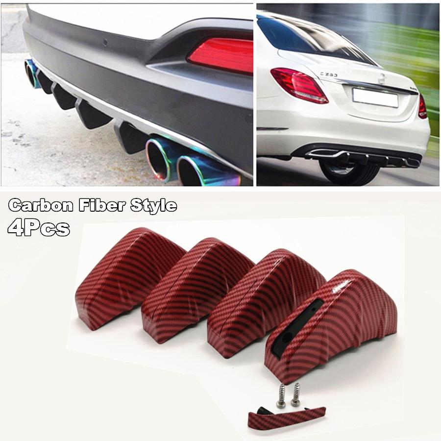 Universal 4Pcs Red Carbon Fiber Look Car SUV Rear Bumper Lip Diffuser Shark Fins