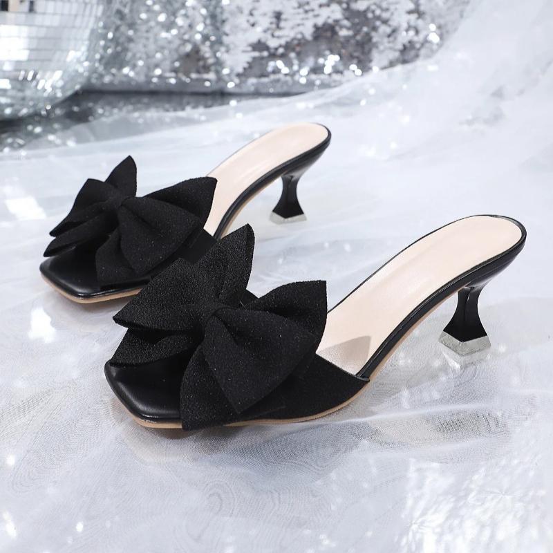 New Square Toe Open Toe Design Slim Heel Outside Slippers 2025 Summer New Bow Non-slip High Heel Cool Mopping Plus Size 36-43
