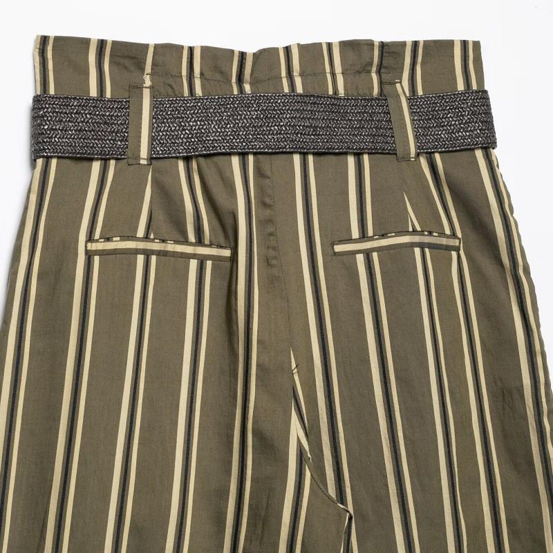 Womens Striped Straight Leg Trousers With Waist Belt Olive Green Casual Pants 2026