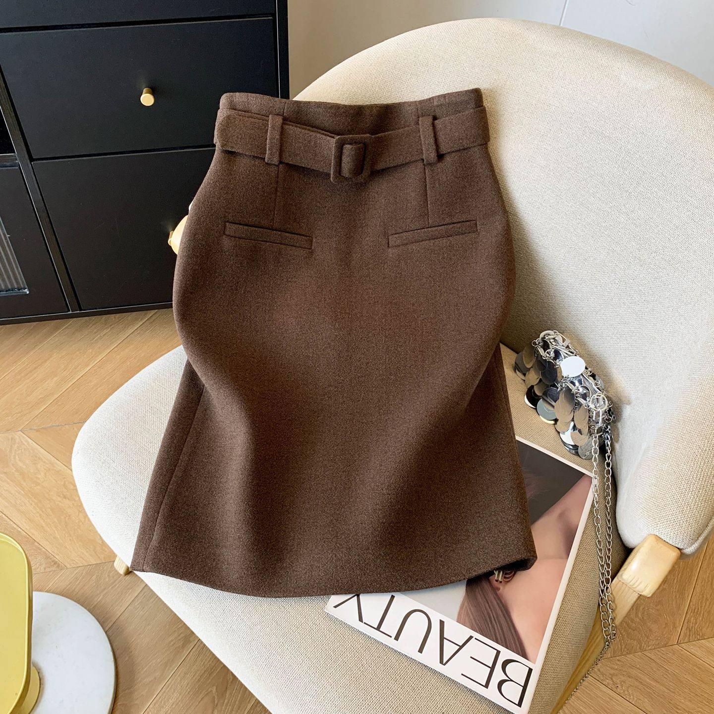 

2025 New Wool Blend Bodycon Midi Skirt for Women - Petite Autumn Winter Style M