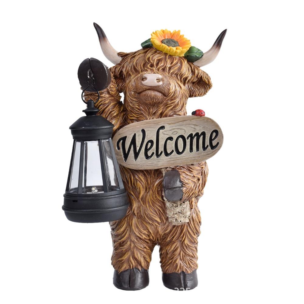 Resin Highland Cow Solar Garden Statue With Welcome Sign & Sunflower Solar Lantern Outdoor Yard Lawn Decor Ornament