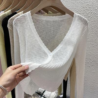 Women's Summer Thin V - Neck Knitted Cardigan Short - Style Top Air - Conditioner Cardigan Shawl Outerwear Ice Silk Long - Sleeve Sunscreen Coat
