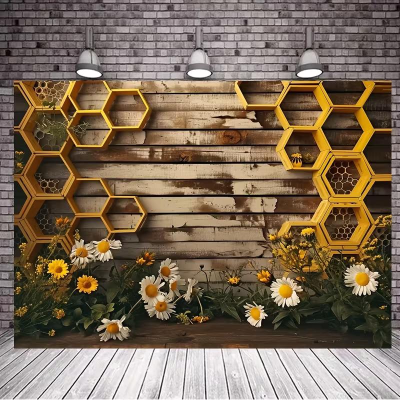 2D Wood Honeycomb Backdrop Bee & Wildflower Rustic Party and Festival Decoration