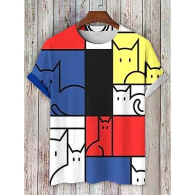 Cartoon Men's T-shirts Colorblock Mondrian Cat Printed 3D Women's Tshirt Fashion Short Sleeve O-Neck Tee Top Street Men Clothing