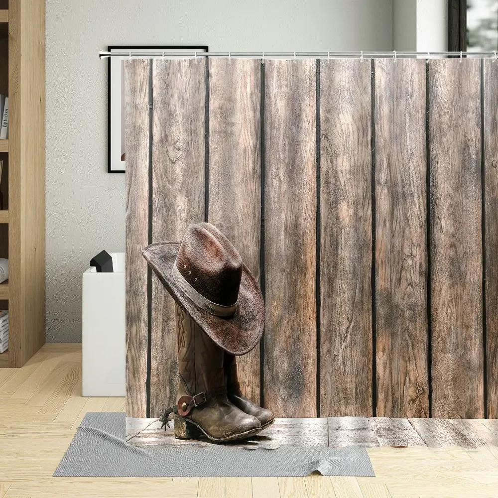 Western Decor Shower Curtain American Country Music Guitar Cowboy Boots Usa Folk Culture Pattern Waterproof Fabric Curtains