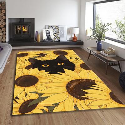 Zwarte Kat Zonnebloem Vloerkleed Schattig Katachtig Geel Bloemen Tapijt Ontwerp voor Woonkamer Slaapkamer Kinderkamer Huisdierliefhebbers Gezellige Huisdecoratie