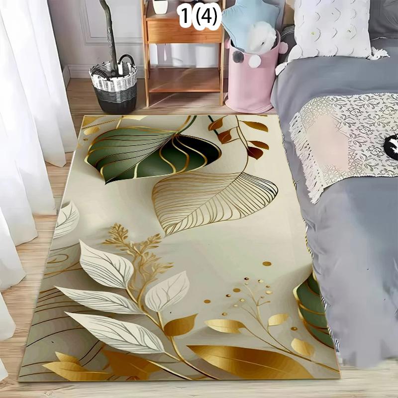 Luxuriöser goldener & grüner Blatt-Bereichsteppich, rutschfeste, waschbare Fußmatte mit abstraktem botanischem Muster, minimalistischer Teppich für das Wohnzimmer