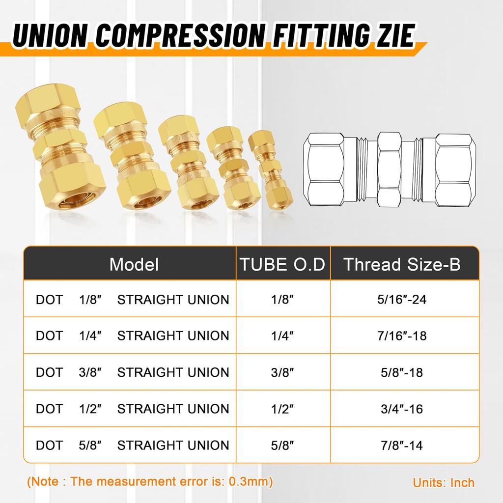 53 PCS DOT Brass Compression Air Brake Nylon Tubing Fittings,Straight Union Fitting Assortment Kit 1/4" 1/8" 3/8" 1/2" 5/8" for Truck or Industrial