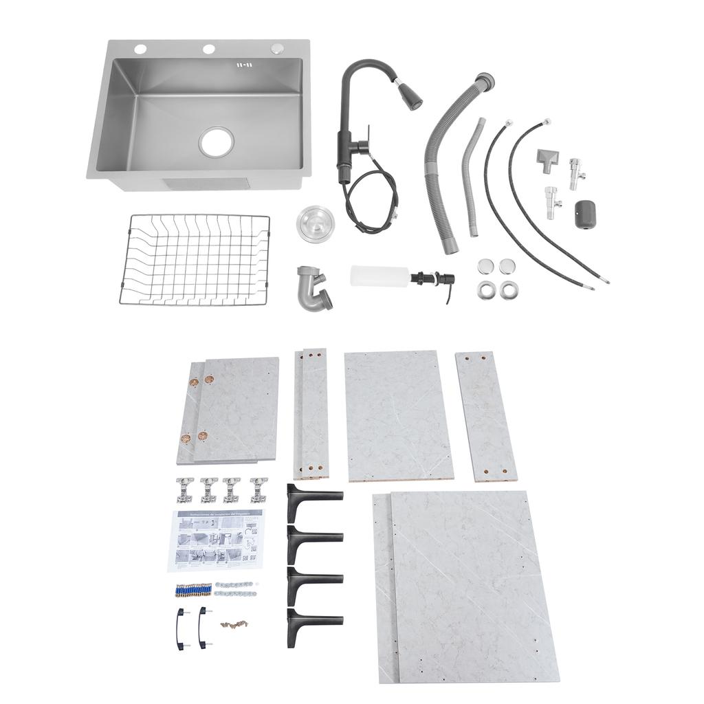 Dulap Chiuvetă de Bucătărie Autoportant cu Baterie Extensibilă, Chiuvetă de Utilitate pentru Spălătorie din Oțel Inoxidabil Gri cu Picurător