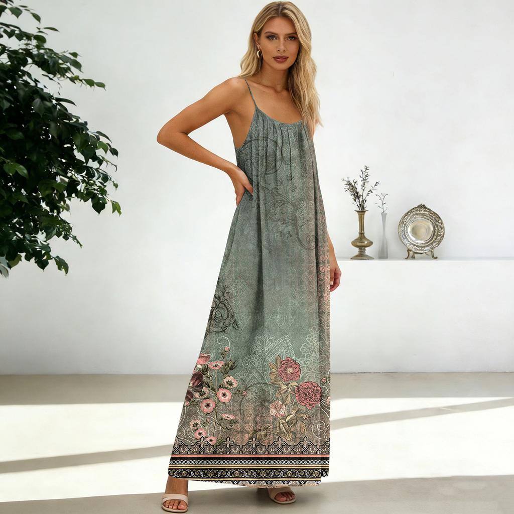 Women's Fashion Backless Spaghetti Strap Casual Loose Floral Print Dress