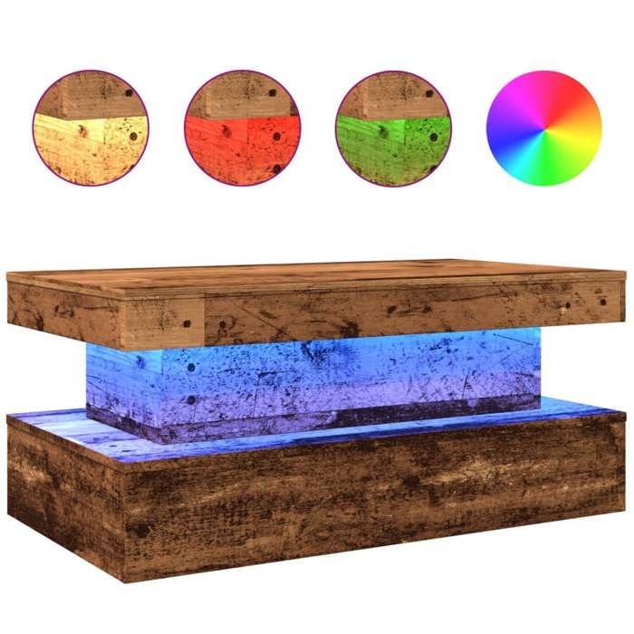 VidaXL Table basse avec lumières LED vieux bois 90x50x40 cm, table d'appoint, table de salon, table latérale, bout de 857714
