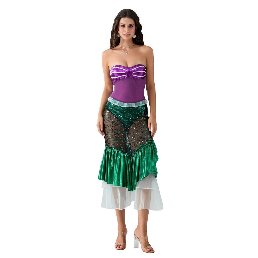 Women's Mermaid Party Costume, Strapless Tube Tops Ruffle Sequin Long Tail Cosplay Fancy Dress