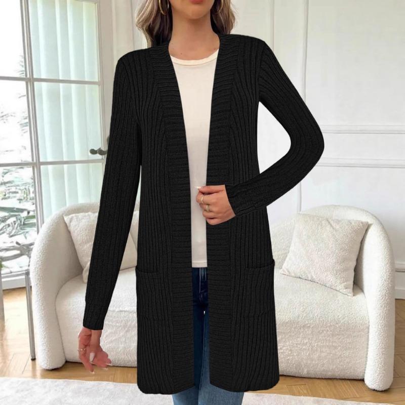 

2025 European American Autumn Winter Long Solid Color Long Sleeve Loose Pocket Cardigan Jacket Women s Clothing L чорний