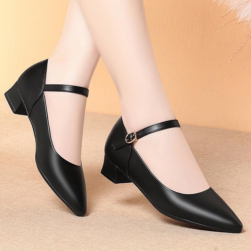 Stewardess soft sole one-word buckle hotel work shoes women's black leather shoes mother dancing women's shoes single shoes