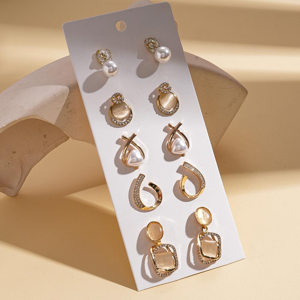 Ten-piece Set of Diamond-set Imitation Pearl Geometric Flower Silver Needle Stud Earrings Temperament Earrings