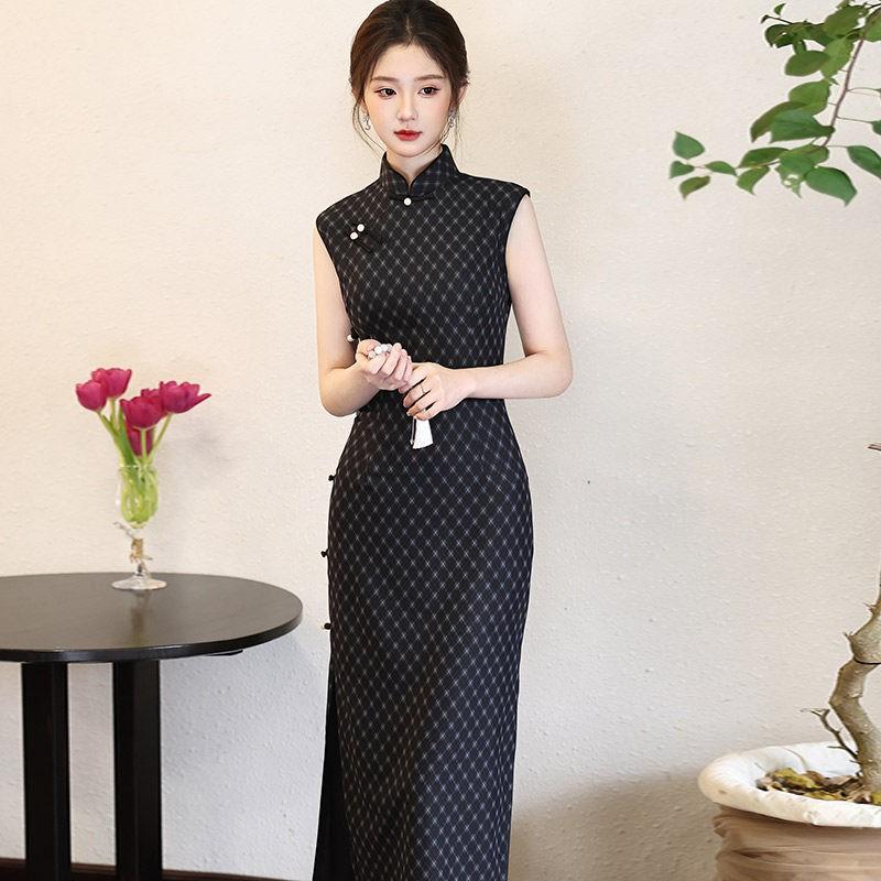 Sleeveless Plaid Qipao Dress Vintage Chinese Style Long Maxi Women 2026