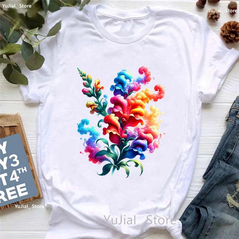 Colorful Smoke Flower Printed T Shirt T Shirt Unisexs Clothing Summer Fashion Short Sleeve Tshirt Femme Casual White Tshirt