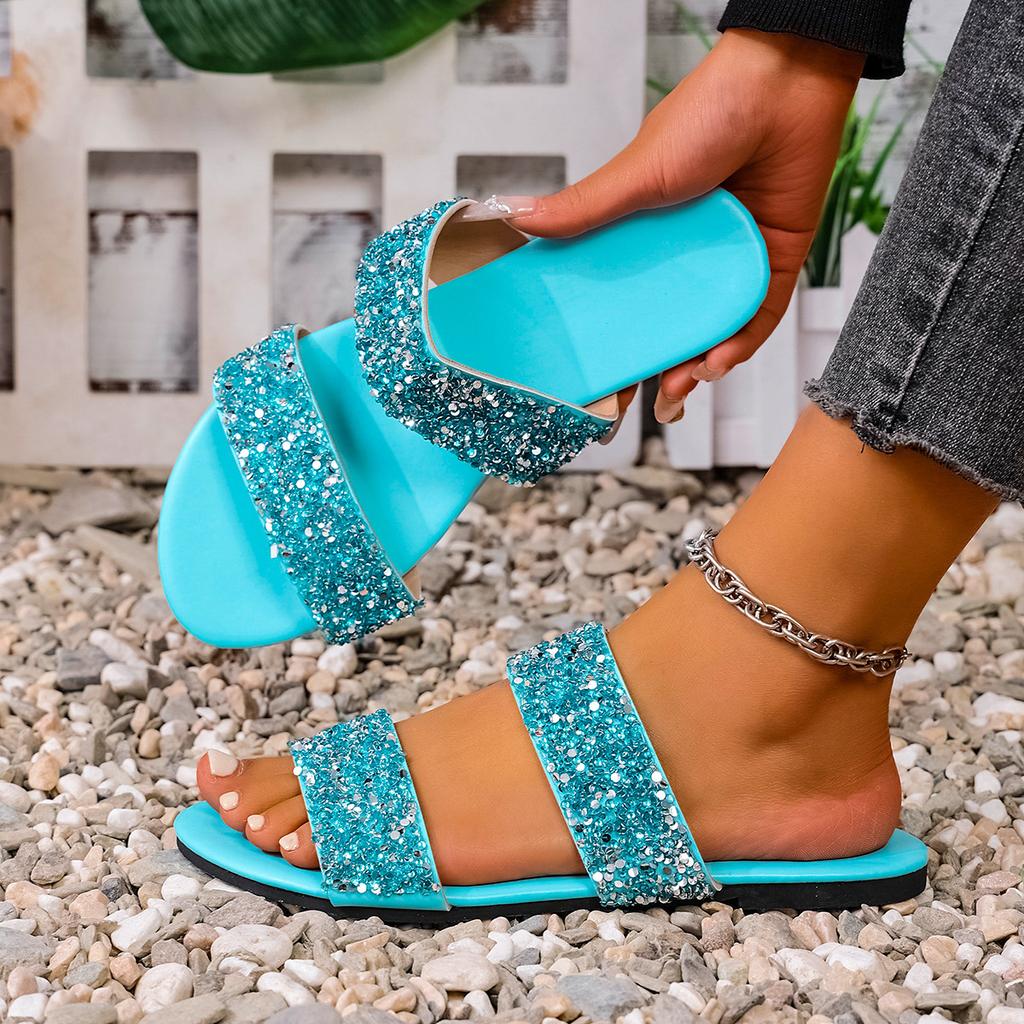 Temu one-word with flat bottom sequins round head women's cool slippers summer casual beach fish mouth slippers women