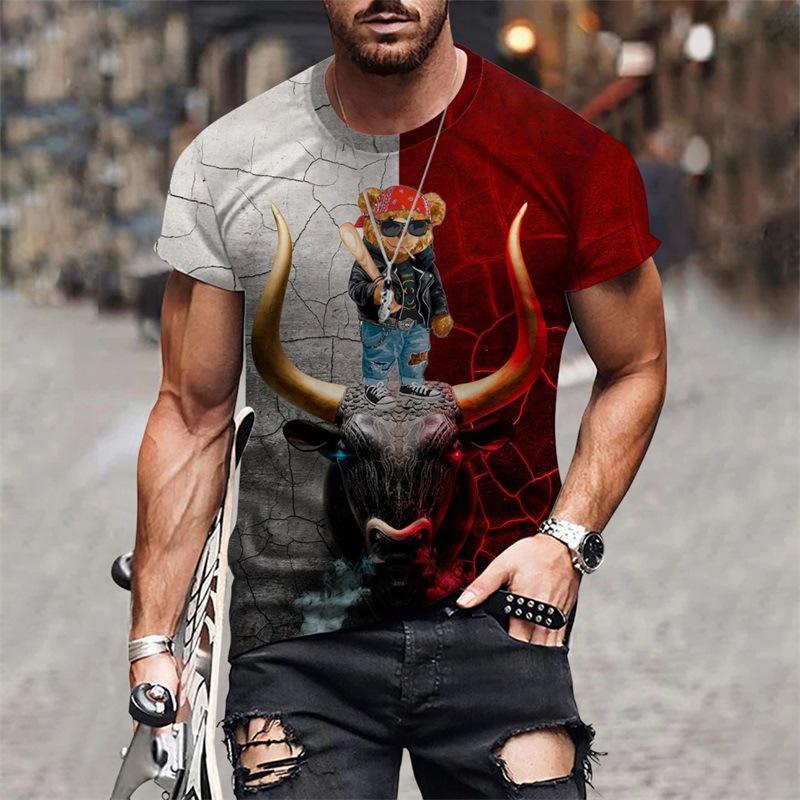 Summer Round Neck Cartoon Pattern 3D Print Top Fashionable Casual Short Sleeved Men's T-shirts