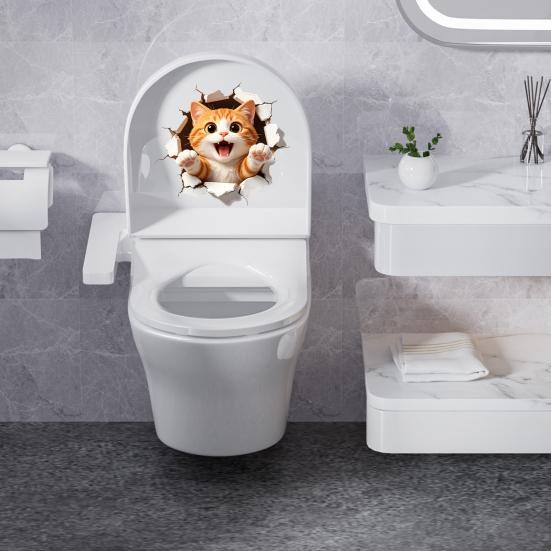 Adhesive Toilet Sticker Waterproof 3D Orange Cat Wall Decal No Glue Residue Decorative Sticker