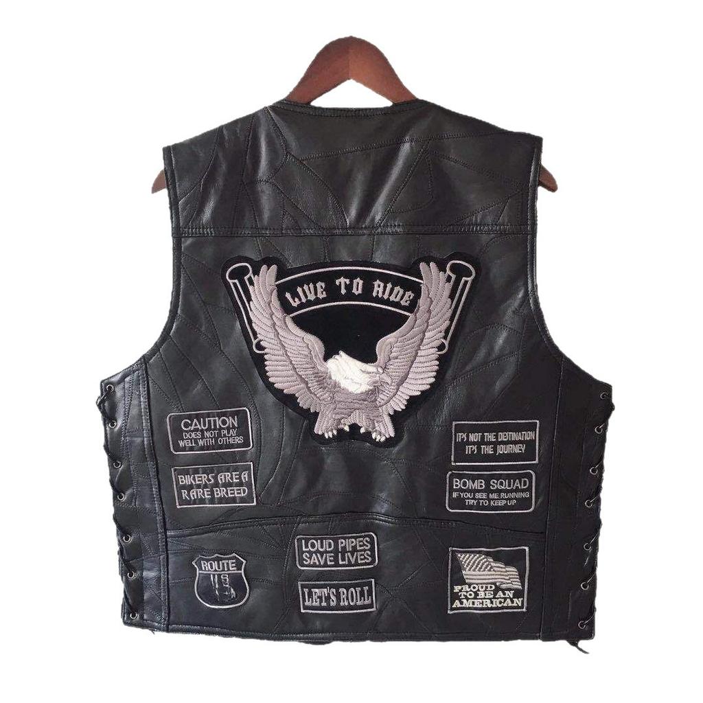Chaleco de montar para locomotora de tendencia europea y americana, chaleco de cuero, chaleco de cuero para hombre, insignia bordada, versión de malla de varios chalecos