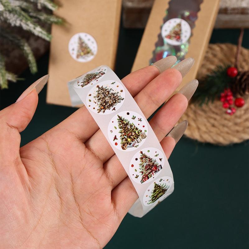 500pcs Merry Christmas Stickers Round Christmas Tree Tags Stickers for Kids Gifts Baking Package Envelope Stationery Decoration