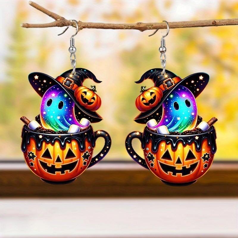 

Halloween Themed Colorful Cartoon Ghost Pumpkin Pattern Women Acrylic Earrings
