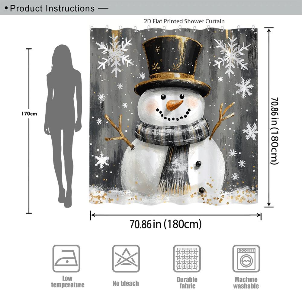 1pc 2D Flat Cute Snowman Christmas Shower Curtain, Rustic Winter Snowflake Print, With Hooks, Holiday Bathroom Decor
